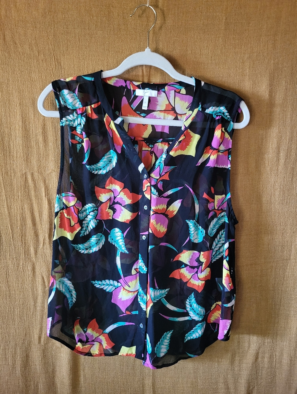 Joie Black Sheer Sleeveless Floral Button-Up Top 100% Silk Size Large
